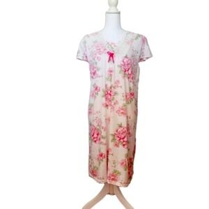 Lati Fashion Intimates White and Pink Floral Lace Trim Nightgown Medium